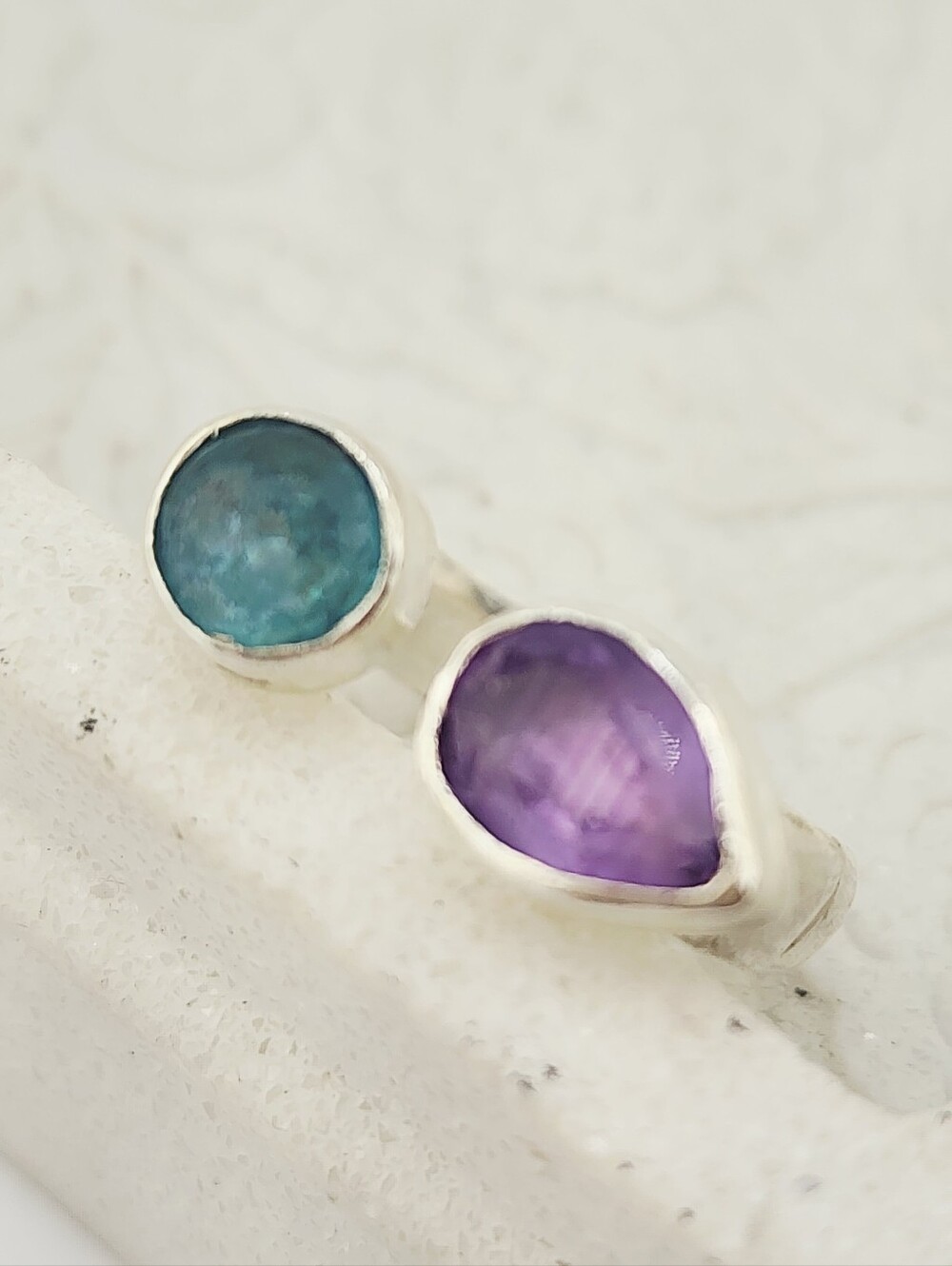 AQUAMARINE & AMETHYST RING STONES ADJUSTABLE  HANDMADE RING IN STERLING SILVER 9